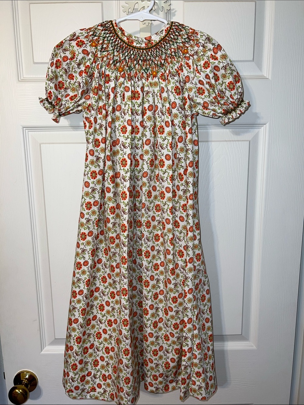 Smocked Puff-Sleeve Kids Dress in Cream with Orange Floral Print